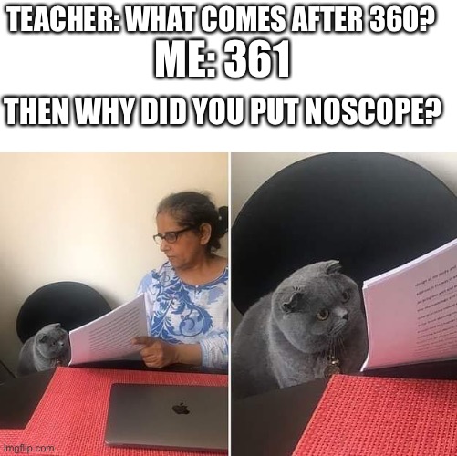 Hold up | TEACHER: WHAT COMES AFTER 360? ME: 361; THEN WHY DID YOU PUT NOSCOPE? | image tagged in woman showing paper to cat | made w/ Imgflip meme maker