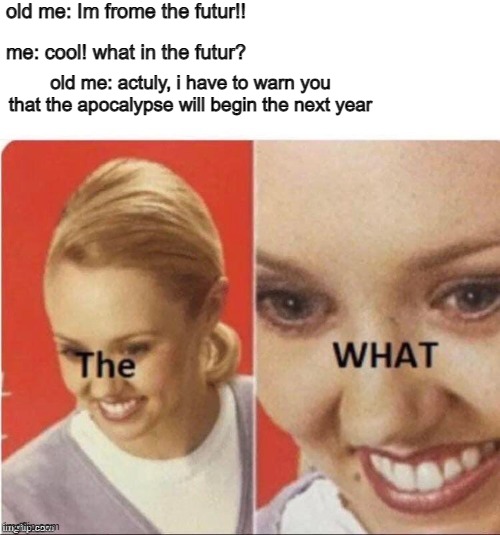 ........WHAT?!! | old me: Im frome the futur!! me: cool! what in the futur? old me: actuly, i have to warn you that the apocalypse will begin the next year | image tagged in the what | made w/ Imgflip meme maker