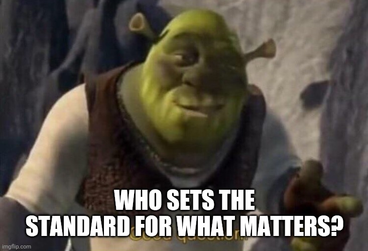 Shrek good question | WHO SETS THE STANDARD FOR WHAT MATTERS? | image tagged in shrek good question | made w/ Imgflip meme maker