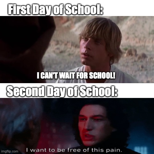 I know what I have to do but I don't know if I have the strength to do it. | First Day of School:; I CAN'T WAIT FOR SCHOOL! Second Day of School: | image tagged in memes,school | made w/ Imgflip meme maker