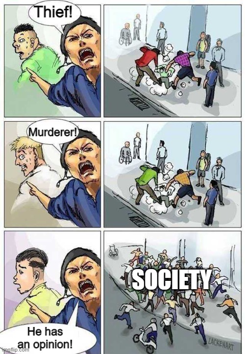 Ayo | Thief! Murderer! SOCIETY; He has an opinion! | image tagged in thief murderer | made w/ Imgflip meme maker