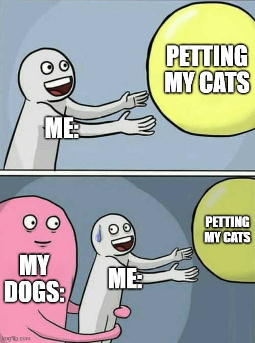CATS! | PETTING MY CATS; ME:; PETTING MY CATS; MY DOGS:; ME: | image tagged in memes,running away balloon | made w/ Imgflip meme maker