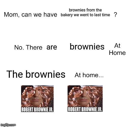 Robert Brownies, Jr. | brownies from the bakery we went to last time; brownies; are; The brownies | image tagged in mom can we have,blank white template,memes,brownies,funny,robert downey jr | made w/ Imgflip meme maker