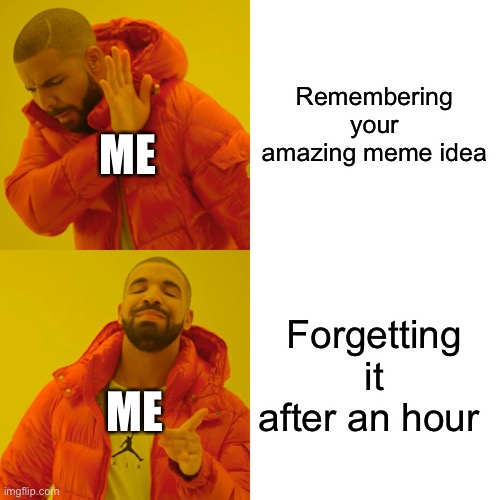 My brain hurts... | Remembering your amazing meme idea; ME; Forgetting it after an hour; ME | image tagged in memes,drake hotline bling | made w/ Imgflip meme maker