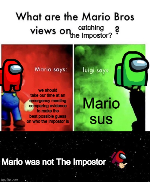 luigi Im your brother wtf | catching the Impostor? we should take our time at an emergency meeting comparing evidence to make the best possible guess on who the Impostor is; Mario sus; Mario was not The Impostor | image tagged in mario bros views | made w/ Imgflip meme maker