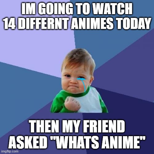 Success Kid Meme | IM GOING TO WATCH 14 DIFFERNT ANIMES TODAY; THEN MY FRIEND ASKED "WHATS ANIME" | image tagged in memes,success kid | made w/ Imgflip meme maker