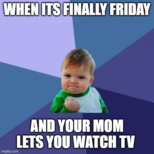 Success Kid | WHEN ITS FINALLY FRIDAY; AND YOUR MOM LETS YOU WATCH TV | image tagged in memes,success kid | made w/ Imgflip meme maker