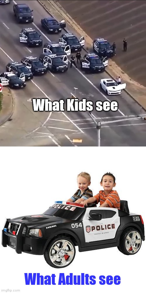 The Eyes of a Child | What Kids see; What Adults see | image tagged in police chase,wha cops,it will be fun they said,cops,robbers | made w/ Imgflip meme maker