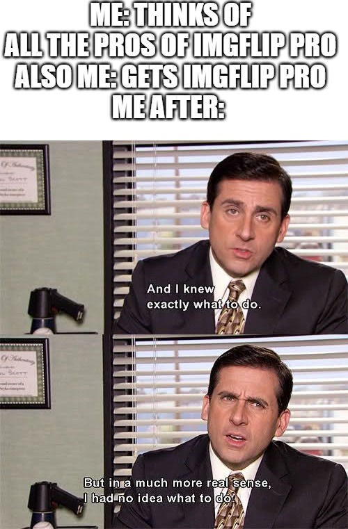 at least i removed the watermark | ME: THINKS OF ALL THE PROS OF IMGFLIP PRO
ALSO ME: GETS IMGFLIP PRO
ME AFTER: | image tagged in blank white template,michael scott no idea what to do | made w/ Imgflip meme maker