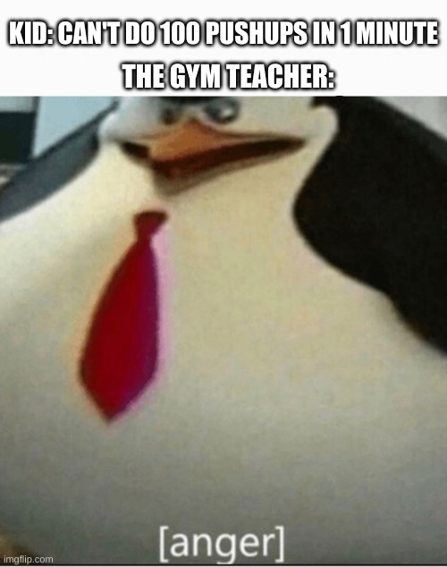 You have angered The Gym Teacher... | KID: CAN'T DO 100 PUSHUPS IN 1 MINUTE; THE GYM TEACHER: | image tagged in anger,memes,funny,funny memes,madagascar penguin,school memes | made w/ Imgflip meme maker