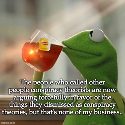 But That's None Of My Business | The people who called other people conspiracy theorists are now arguing forcefully in favor of the things they dismissed as conspiracy theories, but that's none of my business.. | image tagged in memes,but that's none of my business,kermit the frog | made w/ Imgflip meme maker