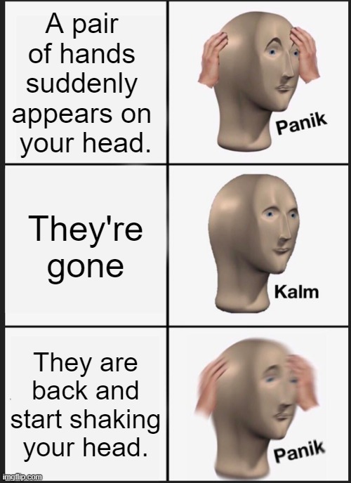 Panik Kalm Panik | A pair 
of hands 
suddenly 
appears on 
your head. They're gone; They are back and start shaking your head. | image tagged in memes,panik kalm panik | made w/ Imgflip meme maker
