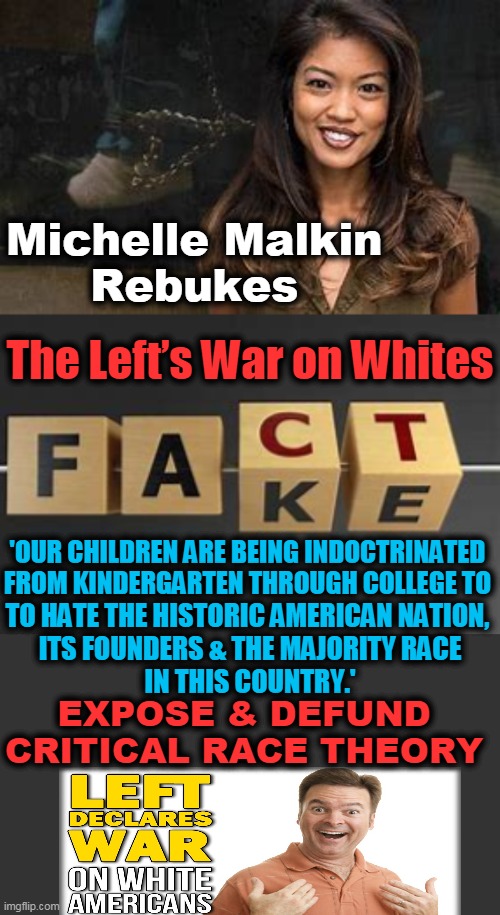 There is a War On White Men & Cinderella is Too White, too! | Michelle Malkin 

Rebukes; The Left’s War on Whites; 'OUR CHILDREN ARE BEING INDOCTRINATED 
FROM KINDERGARTEN THROUGH COLLEGE TO; TO HATE THE HISTORIC AMERICAN NATION, 
ITS FOUNDERS & THE MAJORITY RACE
IN THIS COUNTRY.'; EXPOSE & DEFUND 
CRITICAL RACE THEORY | image tagged in political meme,white people,critical race theory,leftists,liberalism,insanity | made w/ Imgflip meme maker
