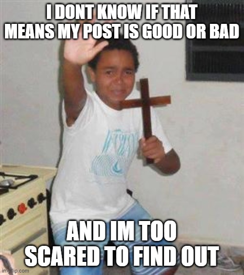 Scared Kid | I DONT KNOW IF THAT MEANS MY POST IS GOOD OR BAD AND IM TOO SCARED TO FIND OUT | image tagged in scared kid | made w/ Imgflip meme maker