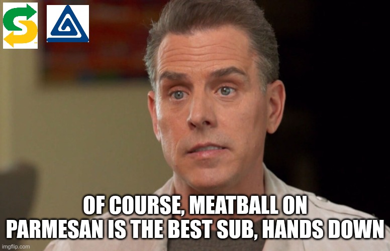 Sponsored By | OF COURSE, MEATBALL ON PARMESAN IS THE BEST SUB, HANDS DOWN | image tagged in hunter the biden,pedophile,criminal minds | made w/ Imgflip meme maker