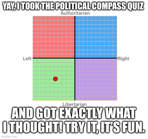 YAY, I TOOK THE POLITICAL COMPASS QUIZ; AND GOT EXACTLY WHAT I THOUGHT! TRY IT, IT’S FUN. | image tagged in blank white template | made w/ Imgflip meme maker