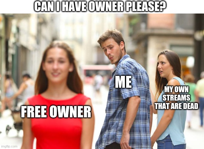 I have 46k :D |  CAN I HAVE OWNER PLEASE? ME; MY OWN STREAMS THAT ARE DEAD; FREE OWNER | image tagged in memes,distracted boyfriend | made w/ Imgflip meme maker