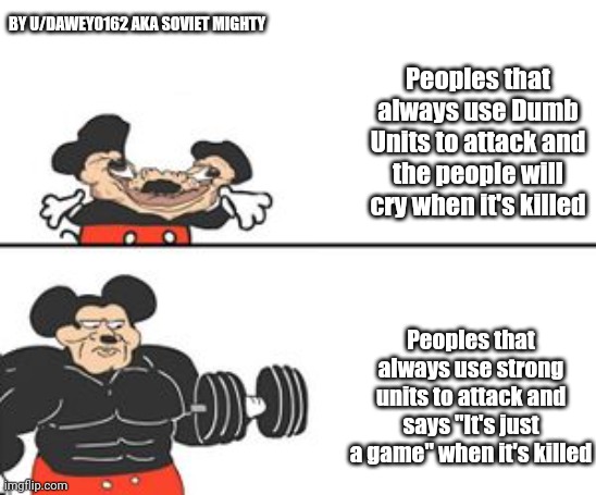 Some Players will do like that | BY U/DAWEY0162 AKA SOVIET MIGHTY; Peoples that always use Dumb Units to attack and the people will cry when it's killed; Peoples that always use strong units to attack and says "It's just a game" when it's killed | image tagged in buff mokey | made w/ Imgflip meme maker