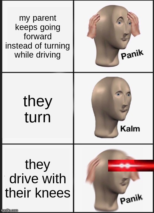 meme | my parent keeps going forward instead of turning while driving; they turn; they drive with their knees | image tagged in memes,panik kalm panik | made w/ Imgflip meme maker
