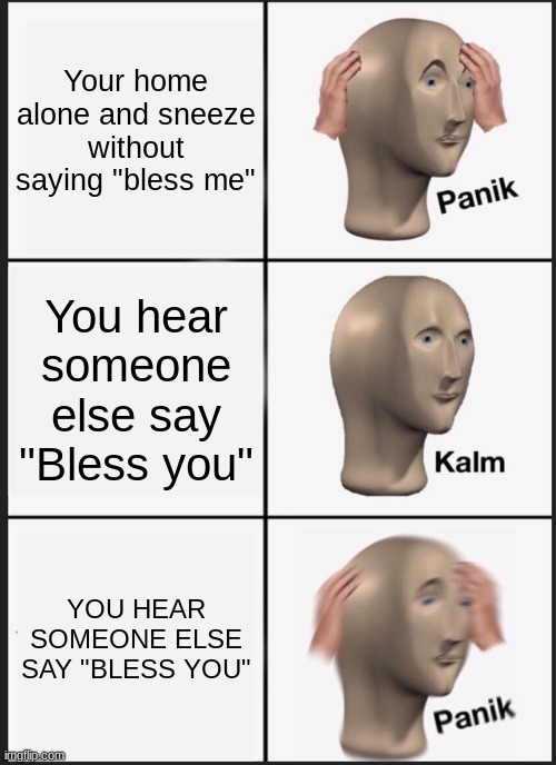 ...Uh oh | Your home alone and sneeze without saying "bless me"; You hear someone else say "Bless you"; YOU HEAR SOMEONE ELSE SAY "BLESS YOU" | image tagged in memes,panik kalm panik | made w/ Imgflip meme maker