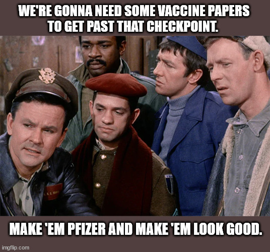 Our lives if the Ger... I mean... Democrats had their way. | WE'RE GONNA NEED SOME VACCINE PAPERS
 TO GET PAST THAT CHECKPOINT. MAKE 'EM PFIZER AND MAKE 'EM LOOK GOOD. | image tagged in memes,vaccine,freedom,1984,hogan's heroes | made w/ Imgflip meme maker