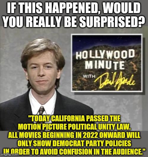 A Prediction..... | IF THIS HAPPENED, WOULD YOU REALLY BE SURPRISED? "TODAY CALIFORNIA PASSED THE MOTION PICTURE POLITICAL UNITY LAW. ALL MOVIES BEGINNING IN 2022 ONWARD WILL ONLY SHOW DEMOCRAT PARTY POLICIES IN ORDER TO AVOID CONFUSION IN THE AUDIENCE." | image tagged in david spade hollywood minute,hollywood,liberal logic | made w/ Imgflip meme maker