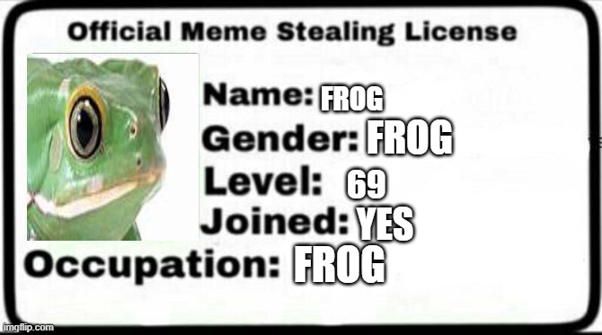 frog meme license | FROG; FROG; 69; YES; FROG | image tagged in meme stealing license | made w/ Imgflip meme maker