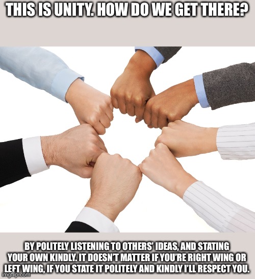 Unity! | THIS IS UNITY. HOW DO WE GET THERE? BY POLITELY LISTENING TO OTHERS’ IDEAS, AND STATING YOUR OWN KINDLY. IT DOESN’T MATTER IF YOU’RE RIGHT WING OR LEFT WING, IF YOU STATE IT POLITELY AND KINDLY I’LL RESPECT YOU. | image tagged in hands unity | made w/ Imgflip meme maker