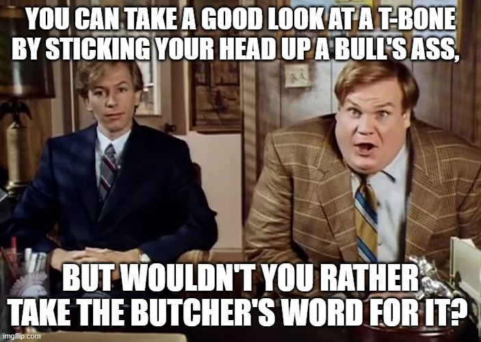When someone tells you to "do your research"... | YOU CAN TAKE A GOOD LOOK AT A T-BONE BY STICKING YOUR HEAD UP A BULL'S ASS, BUT WOULDN'T YOU RATHER TAKE THE BUTCHER'S WORD FOR IT? | image tagged in tommy boy,vaccine,research,expert | made w/ Imgflip meme maker