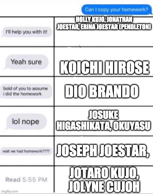 can i copy your homework text | HOLLY KUJO, JONATHAN JOESTAR, ERINA JOESTAR (PENDLETON); KOICHI HIROSE; DIO BRANDO; JOSUKE HIGASHIKATA, OKUYASU; JOSEPH JOESTAR, JOTARO KUJO, JOLYNE CUJOH | image tagged in can i copy your homework text | made w/ Imgflip meme maker