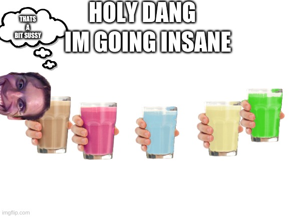 milk team | HOLY DANG; IM GOING INSANE; THATS A BIT SUSSY | image tagged in blank white template,sus,milk | made w/ Imgflip meme maker
