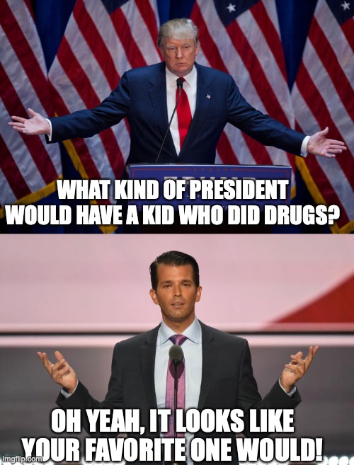 WHAT KIND OF PRESIDENT WOULD HAVE A KID WHO DID DRUGS? OH YEAH, IT LOOKS LIKE YOUR FAVORITE ONE WOULD! | image tagged in donald trump,donald trump jr | made w/ Imgflip meme maker