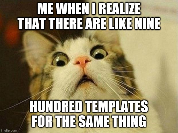 ERROR 404: Title Not Found. | ME WHEN I REALIZE THAT THERE ARE LIKE NINE; HUNDRED TEMPLATES FOR THE SAME THING | image tagged in memes,scared cat | made w/ Imgflip meme maker