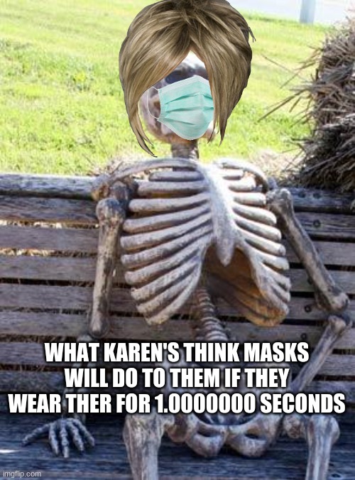 Waiting Skeleton | WHAT KAREN'S THINK MASKS WILL DO TO THEM IF THEY WEAR THER FOR 1.0000000 SECONDS | image tagged in memes,waiting skeleton | made w/ Imgflip meme maker