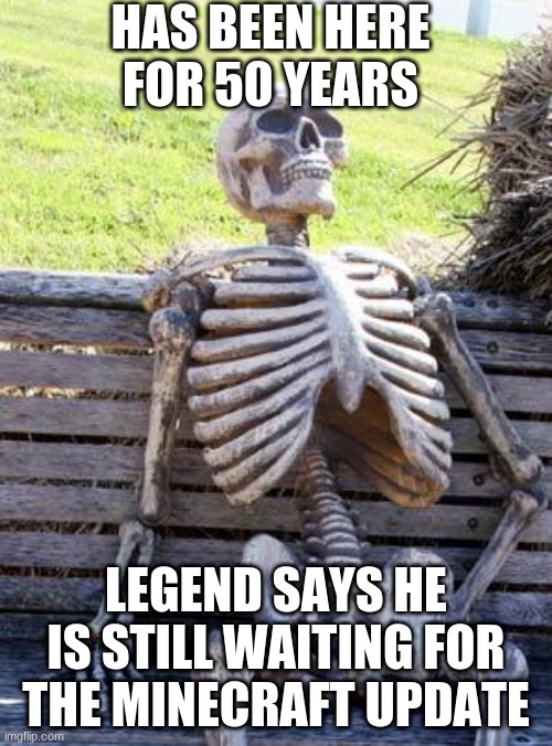 Oof my guy | HAS BEEN HERE FOR 50 YEARS; LEGEND SAYS HE IS STILL WAITING FOR THE MINECRAFT UPDATE | image tagged in memes,waiting skeleton | made w/ Imgflip meme maker