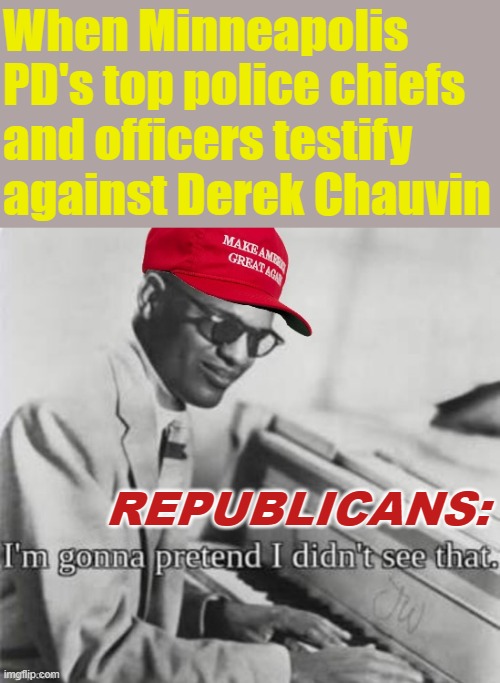 So where does that leave #BlueLivesMatter folks? | When Minneapolis PD's top police chiefs and officers testify against Derek Chauvin; REPUBLICANS: | image tagged in maga ray charles,blue lives matter,thin blue line,george floyd,black lives matter,conservative logic | made w/ Imgflip meme maker