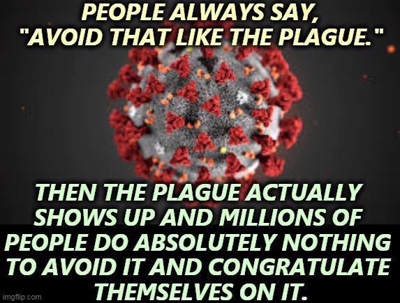 Avoid such people like the plague. | PEOPLE ALWAYS SAY, "AVOID THAT LIKE THE PLAGUE."; THEN THE PLAGUE ACTUALLY 
SHOWS UP AND MILLIONS OF 
PEOPLE DO ABSOLUTELY NOTHING 
TO AVOID IT AND CONGRATULATE 
THEMSELVES ON IT. | image tagged in covid-19,virus,plague | made w/ Imgflip meme maker