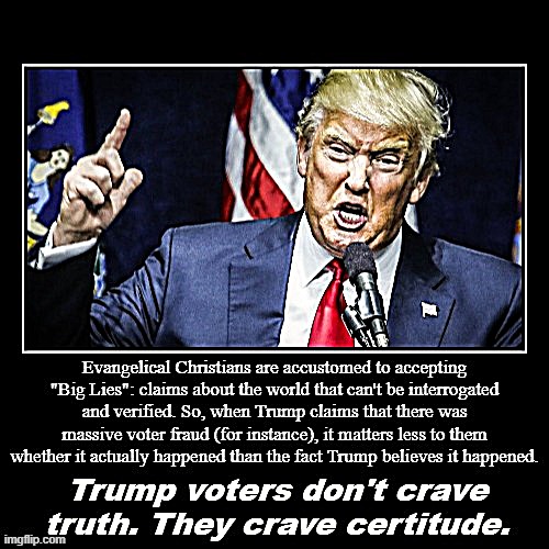 tl;dr - The truth is what Donald Trump says the truth is. | image tagged in trump voters truth vs certitude,donald trump,the truth,evangelicals,voter fraud,election fraud | made w/ Imgflip meme maker