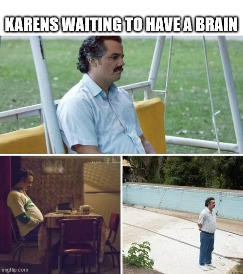 Sad Pablo Escobar | KARENS WAITING TO HAVE A BRAIN | image tagged in memes,sad pablo escobar | made w/ Imgflip meme maker