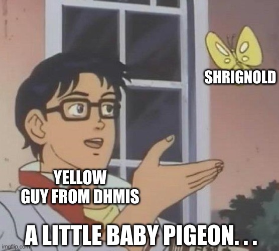 lol no | SHRIGNOLD; YELLOW GUY FROM DHMIS; A LITTLE BABY PIGEON. . . | image tagged in memes,is this a pigeon,dhmis | made w/ Imgflip meme maker