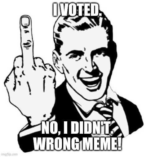 1950s Middle Finger | I VOTED. NO, I DIDN'T. WRONG MEME! | image tagged in memes,1950s middle finger | made w/ Imgflip meme maker