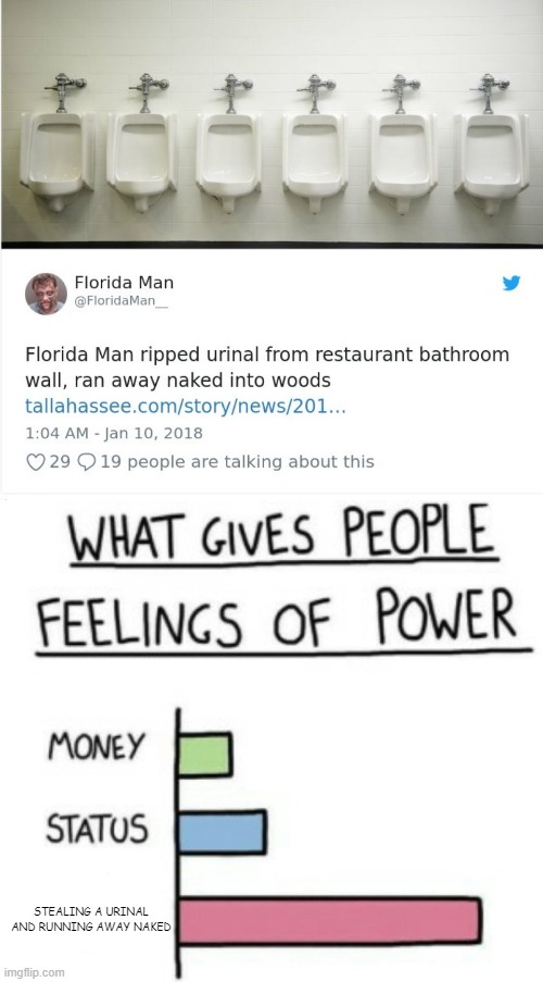 STEALING A URINAL AND RUNNING AWAY NAKED | image tagged in what gives people feelings of power | made w/ Imgflip meme maker