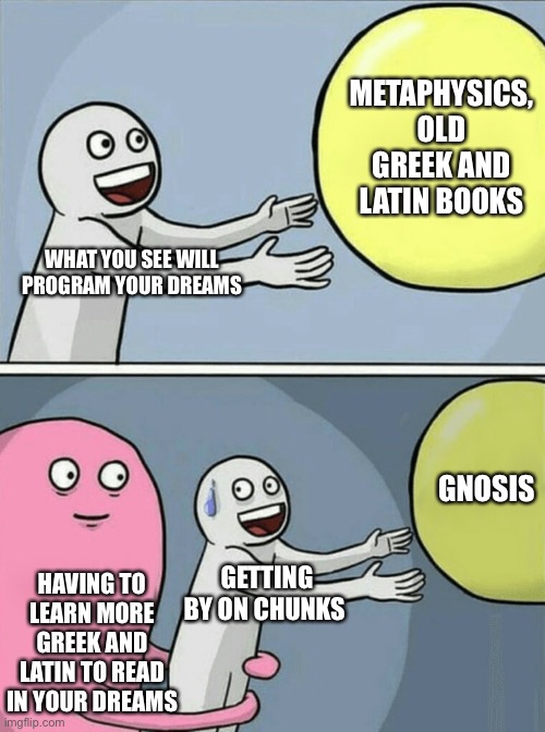 When your not fluent enough to fully grasp texts in dreams | METAPHYSICS, OLD GREEK AND LATIN BOOKS; WHAT YOU SEE WILL PROGRAM YOUR DREAMS; GNOSIS; HAVING TO LEARN MORE
GREEK AND LATIN TO READ IN YOUR DREAMS; GETTING BY ON CHUNKS | image tagged in memes,running away balloon | made w/ Imgflip meme maker