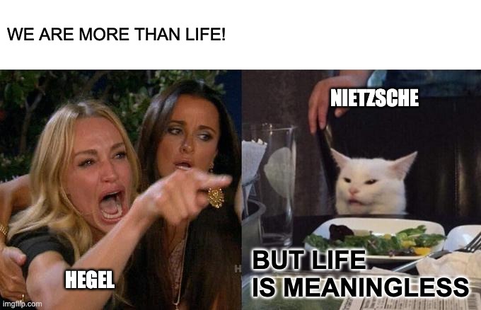 Hegel vs Nietzsche | WE ARE MORE THAN LIFE! NIETZSCHE; BUT LIFE IS MEANINGLESS; HEGEL | image tagged in memes,woman yelling at cat | made w/ Imgflip meme maker
