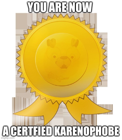 You are now a certified factualphobe | YOU ARE NOW A CERTFIED KARENOPHOBE | image tagged in you are now a certified factualphobe | made w/ Imgflip meme maker