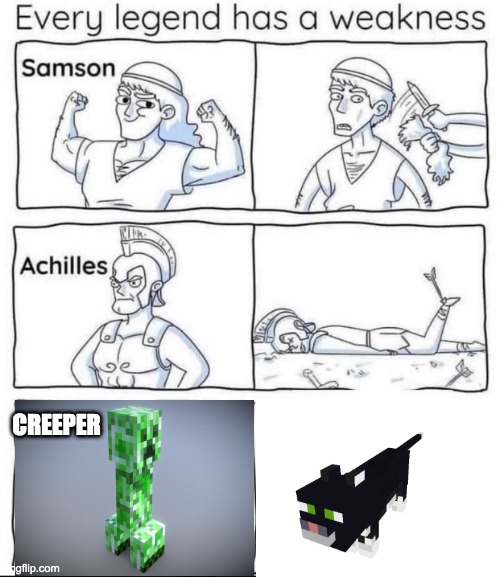 creeper scaredy cat lol | CREEPER | image tagged in every legend has a weakness | made w/ Imgflip meme maker