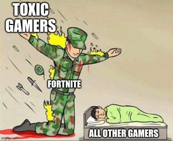 Soldier protecting sleeping child | TOXIC GAMERS; FORTNITE; ALL OTHER GAMERS | image tagged in soldier protecting sleeping child | made w/ Imgflip meme maker