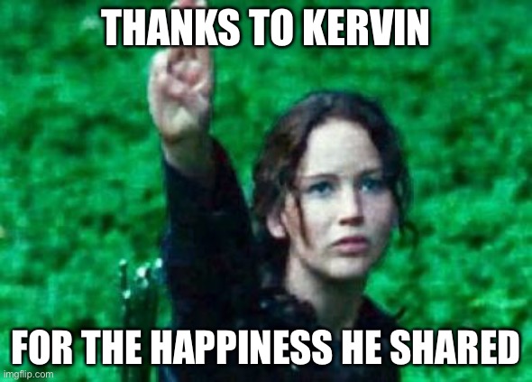 Thank you... | THANKS TO KERVIN; FOR THE HAPPINESS HE SHARED | image tagged in katniss salute | made w/ Imgflip meme maker