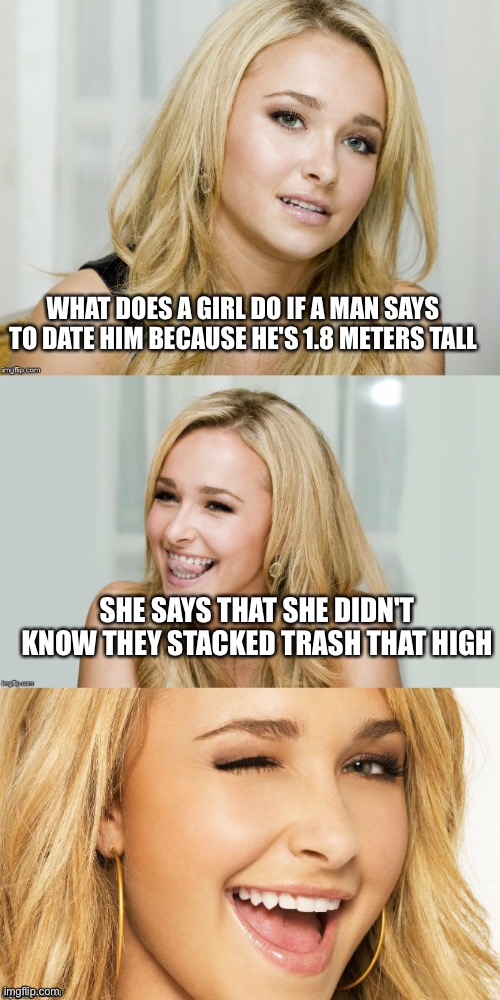 Bad Pun Hayden Panettiere | WHAT DOES A GIRL DO IF A MAN SAYS TO DATE HIM BECAUSE HE'S 1.8 METERS TALL; SHE SAYS THAT SHE DIDN'T KNOW THEY STACKED TRASH THAT HIGH | image tagged in bad pun hayden panettiere | made w/ Imgflip meme maker