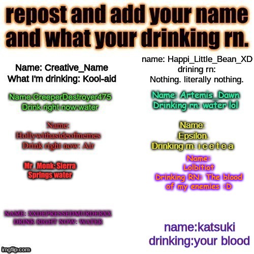 Name: Lolbitiot
Drinking RN: The blood of my enemies :D | made w/ Imgflip meme maker